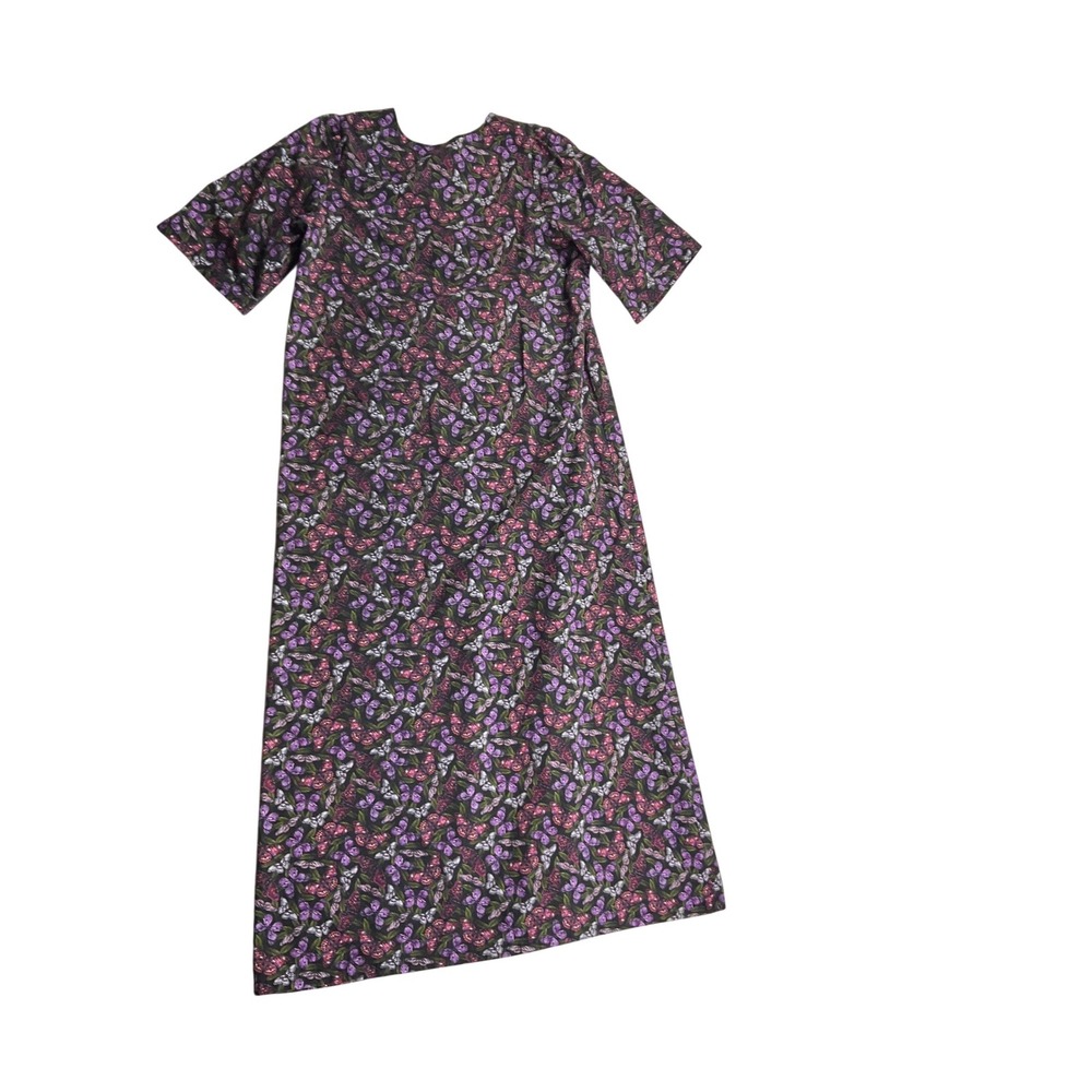 Handmade Butterfly Print Maxi Dress Purple Pink Floral Front Zip Short Sleeve